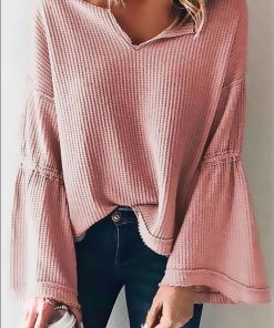 Women Bell Sleeve Thermos V-Neck Top